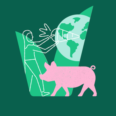 Vegetarian Society logo with pig, vegetables and the planet