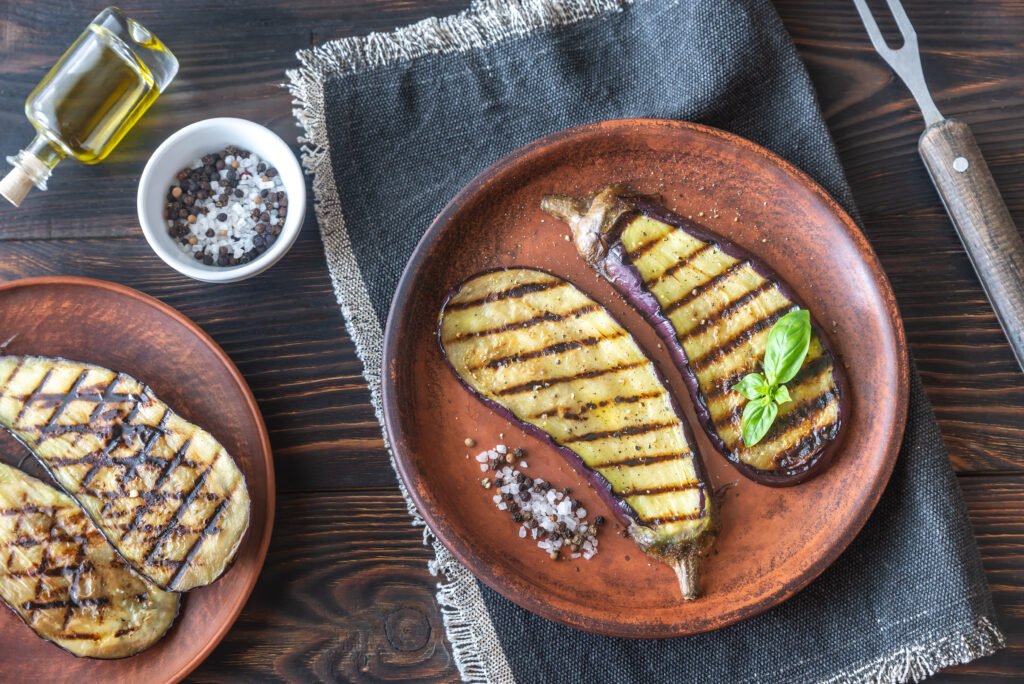 Smokey Aubergine Steaks, to be served with Sun-Dried Tomato and Black Olive Braised Green Lentils with Pink Tahini Sauce