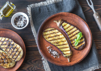 Smokey Aubergine Steaks, to be served with Sun-Dried Tomato and Black Olive Braised Green Lentils with Pink Tahini Sauce