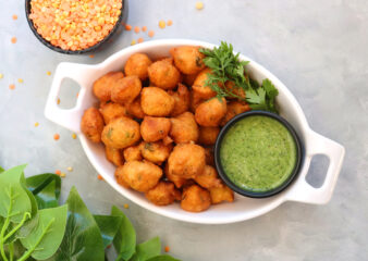 Spiced Moong Dhal Fritters with coriander and mint chutney, a vibrant, protein-rich, naturally gluten-free dish made in the Power of Pulses class.